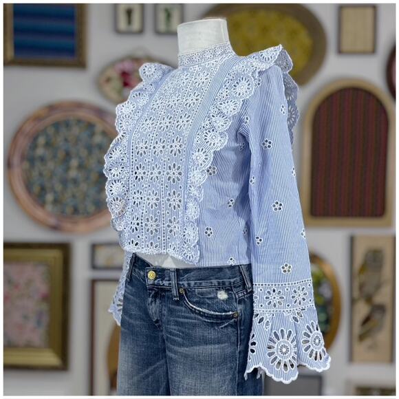 Sea Exploded New York Exploded Eyelet Ruffle Top Retail $ 345 Blue White - Picture 7 of 16
